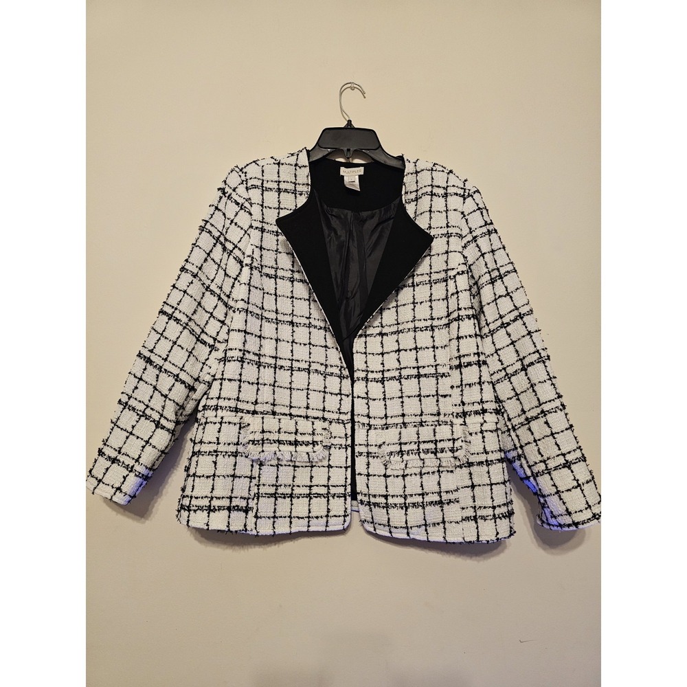 Women's Blazer Jacket Large Fits 12-14 Tweed White Black Plaid Long Sleeves Work